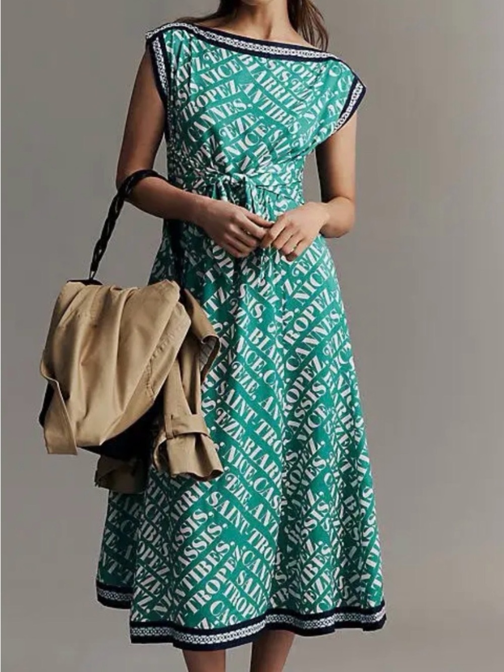 Maeve Green Printed Boatneck Tie-Waist Midi Dress NWT